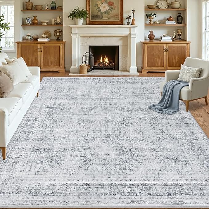 8x10 Area Rugs Living Room: Bedroom Neutral Washable Carpet Gray | Vintage Boho by Luxturiy