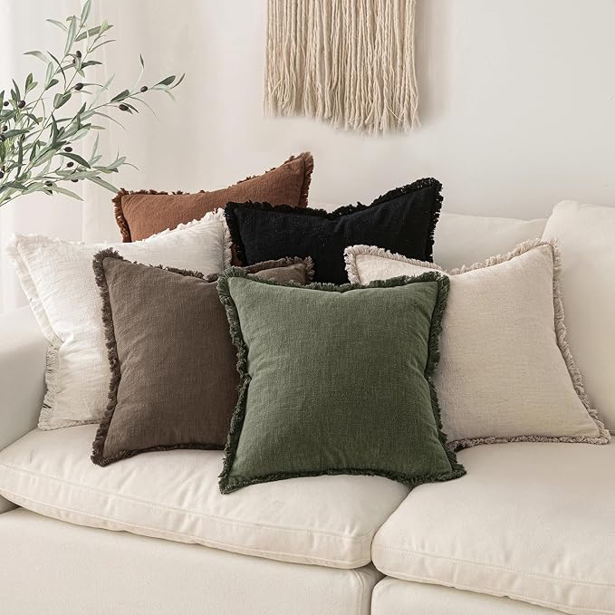 MIULEE Linen Fringe Decorative Fall Pillow Covers Chocolate Brown 18x18 | Set - Image 5