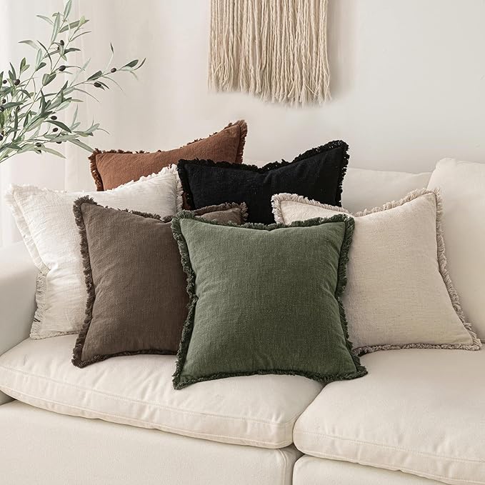 MIULEE Linen Fringe Decorative Fall Pillow Covers Chocolate Brown 20x20 | Set - Image 5