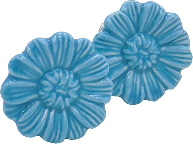 6PCS Vintage Floral Daisy Ceramic Dresser Drawer Knobs Elegant Cabinet Cupboard Door Hardware Pull Handles w/Screws Aqua Blue