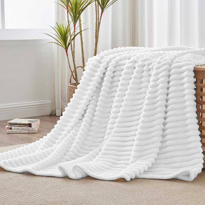 BEDELITE Striped Fleece Throw Blanket, Bright White, Soft Cozy, Lightweight Warm - Image 2