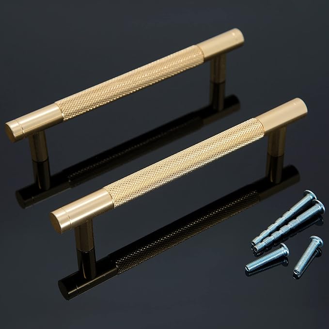 Knurled Cabinet Pulls 2 Pack, 6 Inch Long Cabinet Handles Metal Door Pulls, Kitchen Drawer Pull Knurled Dresser Handles - 5" Hole to Hole, Golden