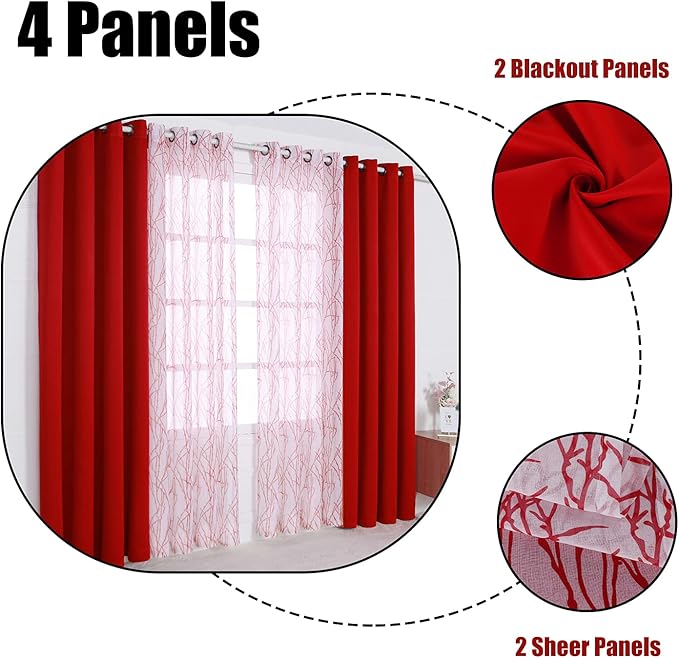 BONZER Mix and Match Curtains - 2 Pieces Branch Print Sheer Curtains and 2 Pieces Blackout Curtains for Bedroom Living Room Grommet Window Drapes, 54x63 Inch/Panel, Red, Set of 4 Panels