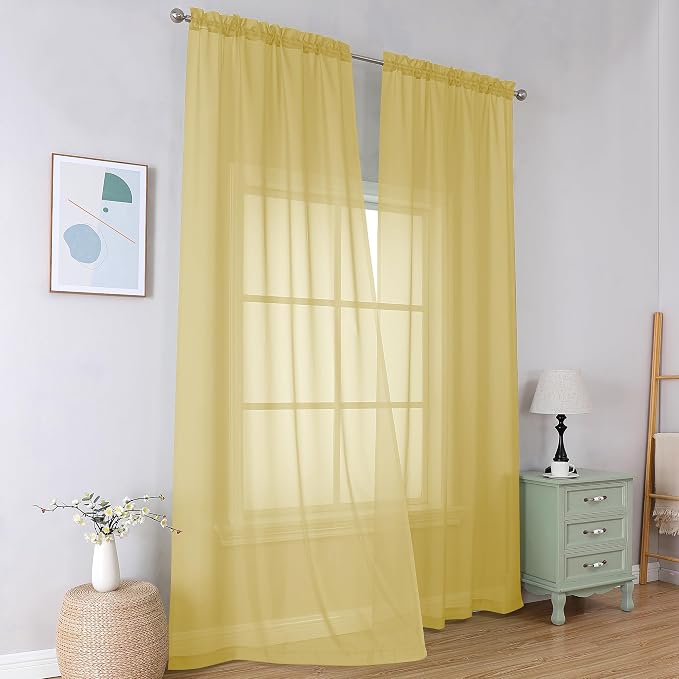 Simplebrand Yellow Sheer Curtains 96 Inches Long, Light Filtering Rod Pocket by Simplebrand