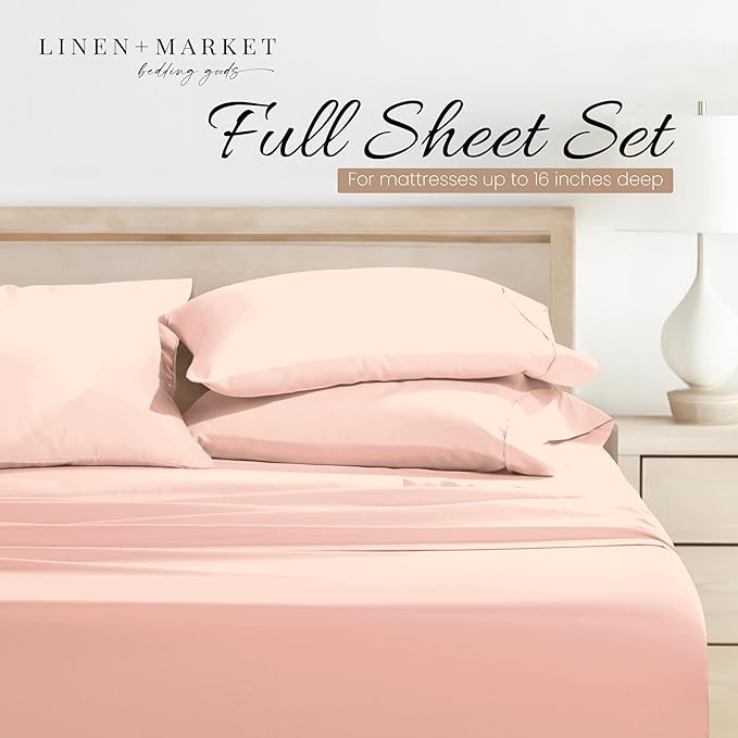 Linen Market Double-Brushed Microfiber Full Sheet Set 4 Piece – Oeko-TEX Certified Ultra Soft & Wrinkle-Free - 16" Deep Pocket Sheets - Easy Care Full Size - Blush