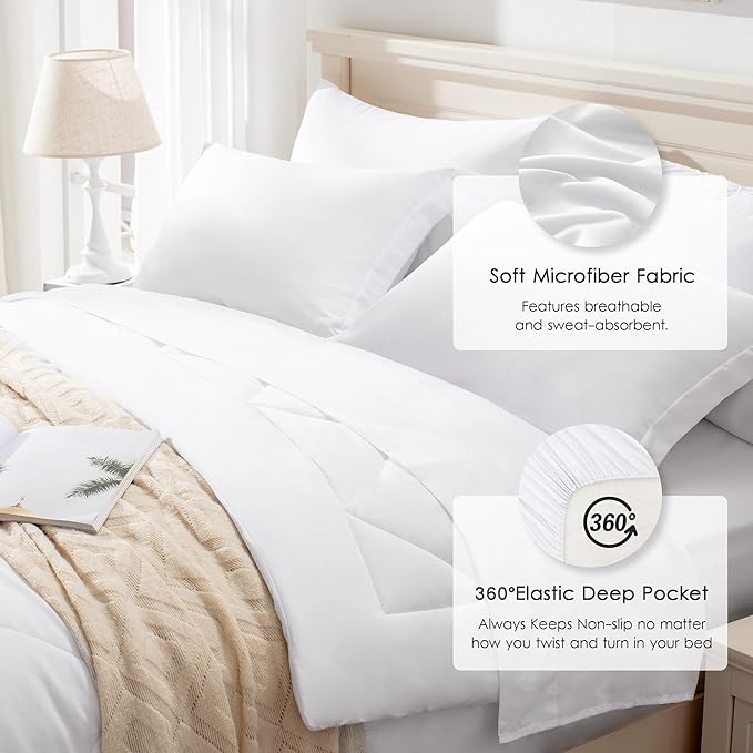 Love's cabin California King Comforter Set White, 7 Pieces California King Bed in a Bag, All Season Bedding Sets with 1 Comforter, 1 Flat Sheet, 1 Fitted Sheet, 2 Pillowcase and 2 Pillow Sham