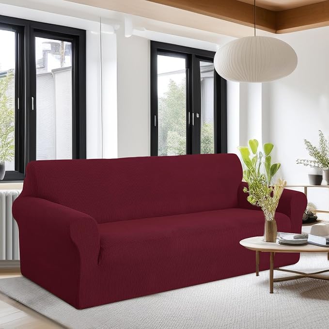 U-NICE HOME Oversized Stretch Couch Cover Slipcover, Burgundy | 3 Cushion Sofa - Image 2