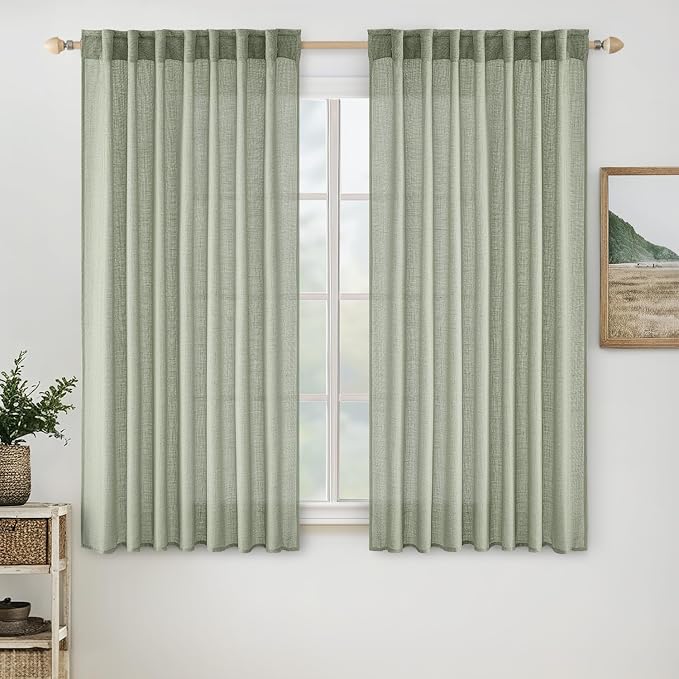 MIULEE Sage Linen Curtains 52x45 Inch Long 2 Panels of Green Window Drapes | by MIULEE