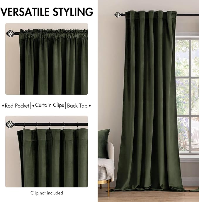 MIULEE Velvet Curtains 52x90 inches 2 Panels Olive Blackout Curtains | Luxury - Image 2