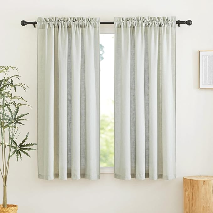 RYB HOME Flax Linen Blend Curtains for Closet Kitchen, Semi Translucent Privacy Protection Light Filtering Decorative Short Small Window Drapes for Bedroom, W 52 x L 36 inches, Sage Green, 2 Panels