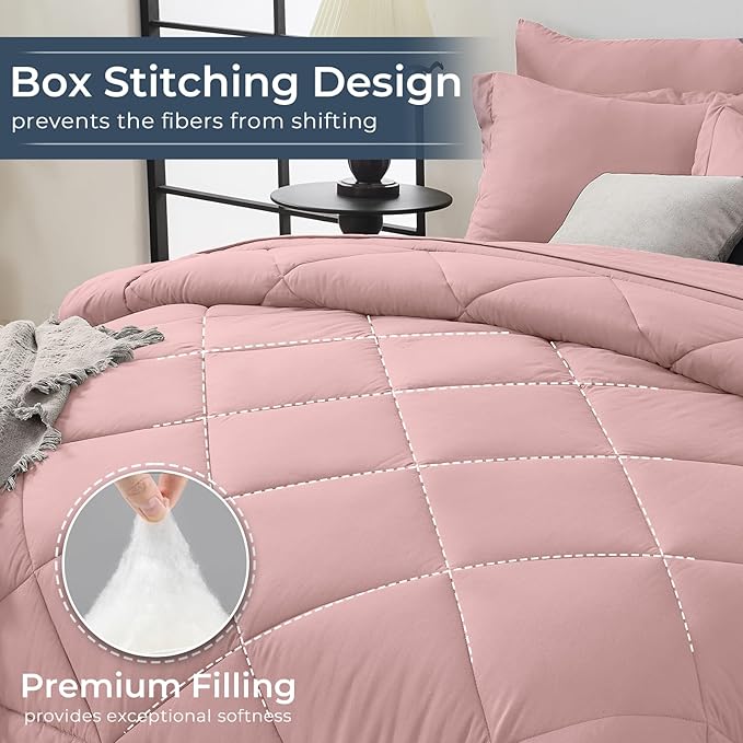 HEVUMYI Rose Gold Full Comforter Set - 7-Piece All Season Bed in a Bag Full, Ultra Soft Bedding Set with Comforter, Flat Sheet, Fitted Sheet, Pillowcases, Pillow Shams