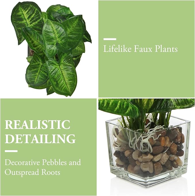 MyGift Set of 3 Fake Plants, Small Artificial Potted Plants Indoor in Clear Glass Pot, 9.5 Inch Faux Plant for Home Decor