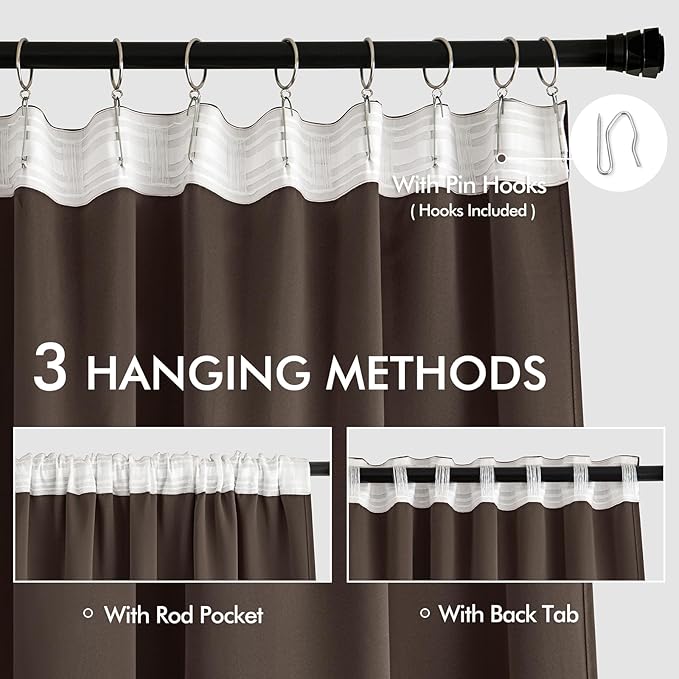 MIULEE Chocolate Brown Back Tab Blackout Curtains 52"x63" Long 2 Panels Set | - Image 3