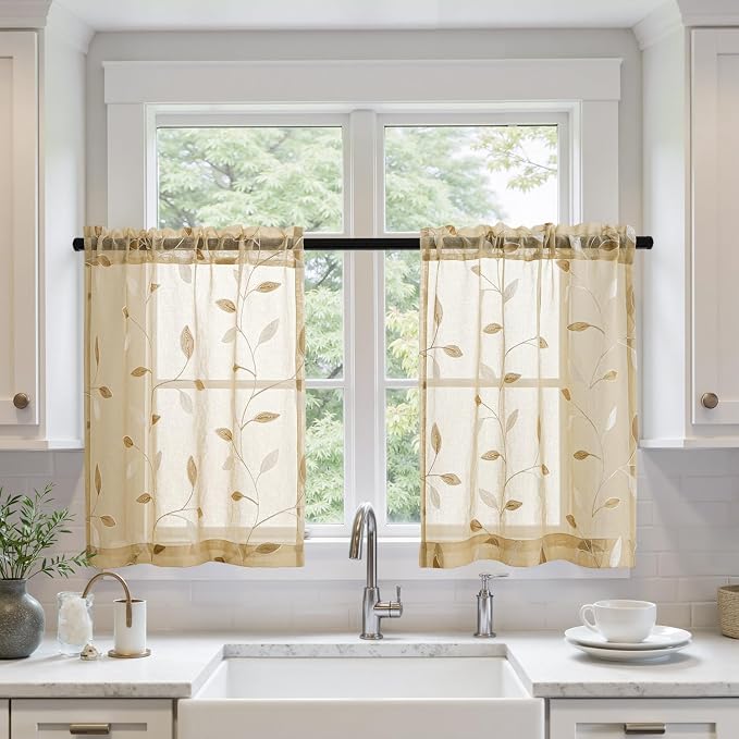 MIULEE Beige Sheer 30x36 Inches Length 2 Panels Embroidered Leaf Patterned | by MIULEE