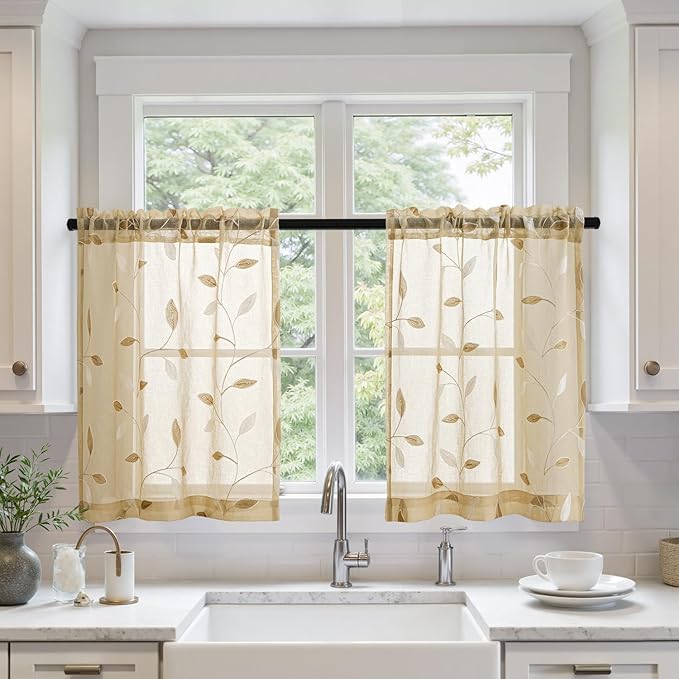 MIULEE Beige Sheer Curtains 2 Panels Embroidered Leaf Patterned, W30 x L24 | by MIULEE