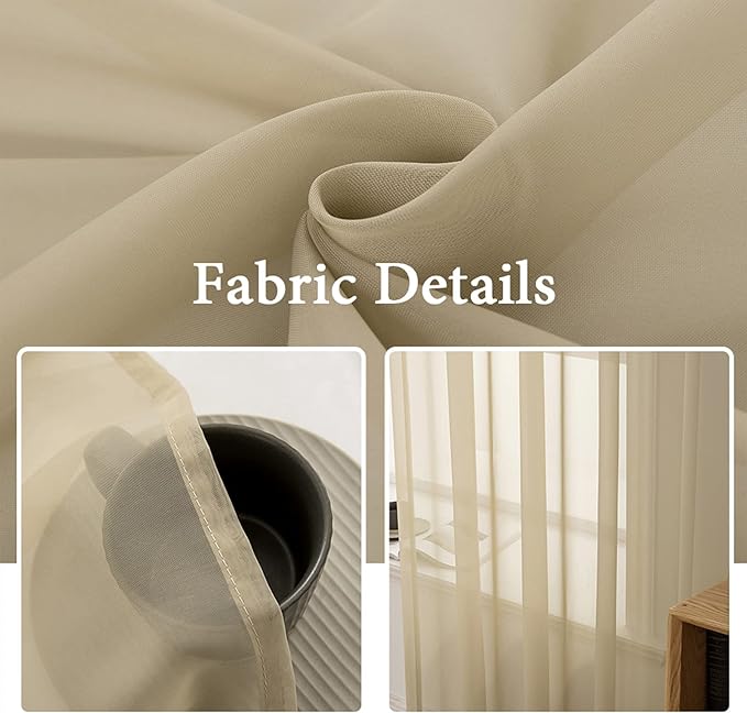 MIULEE Beige Sheer Curtains 54 X 45 Inches Beige, 2 Panels | Solid Color - Image 3