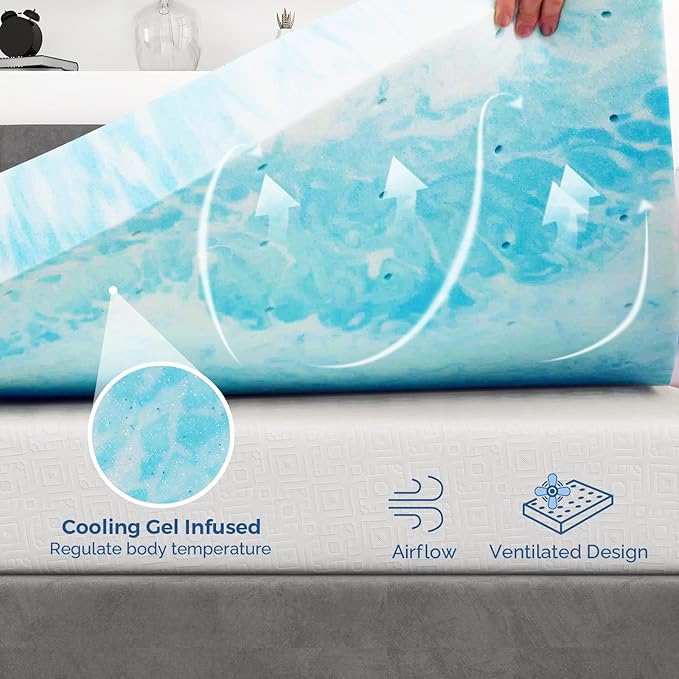 Mattress Topper Twin XL, 2 Inch Gel Memory Foam Bed Topper for Twin XL Size Bed, CertiPUR-US Certified, Blue