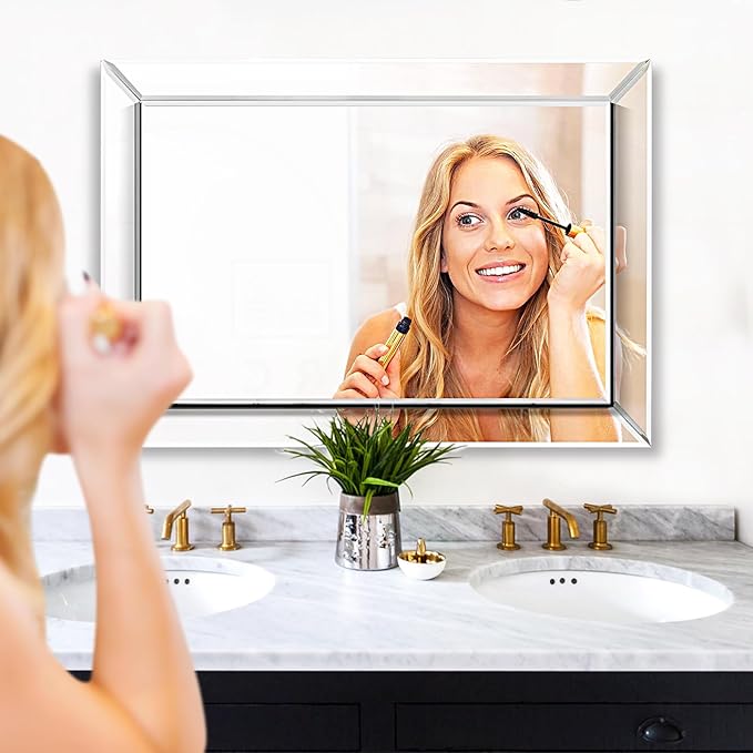Pregaspor Wall Mirror for Bathroom, 24" x 36" Rectangular Frameless Vanity Mirror, Polished Beveled for Over Sink