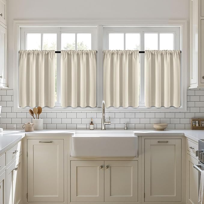 MIULEE Set of 4 Cream Beige 45 Inch Short Blackout Kitchen Window Curtains | - Image 7