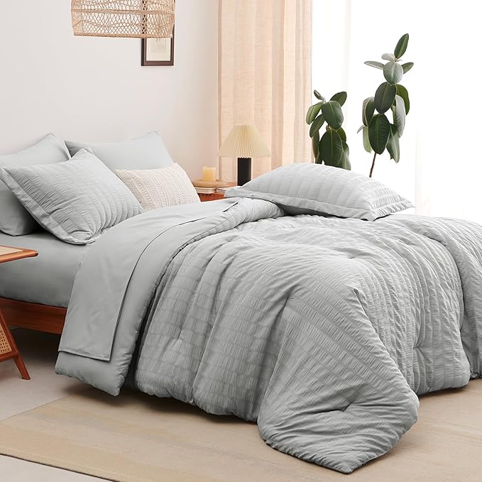 CozyLux King Size Comforter Set Light Grey Seersucker 7 Pieces Bed in a Bag King Comforter Set with Sheets, Luxury Bedding Set with Down Alternative Comforter, Sheets, Pillowcases & Shams All Seasons