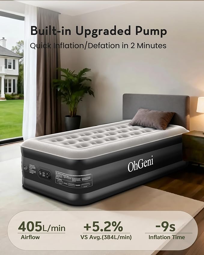 OhGeni 20" Twin Air Mattress with Built in Pump, Portable Blow up Mattress, 72Hr Leak-Proof Test Airbed for Guests & Home, Ideal for Single Person, Better to Get up, 300LBS