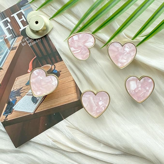 6 Pcs Brass Knobs Drawer Pulls Handles Heart-Shaped Gold Cabinet knobs, Suitable for Bathroom Drawer Kitchen Door Pulls Handles Heart-Shaped Handles (Pink)
