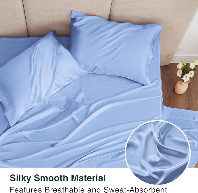 Love's cabin Full Size Satin Sheet Sets - 4 Piece Sky Blue Silky Sheet Set Full with Deep Pocket, Luxury Silk Feel Bed Sheets Full Bedding Set (1 Flat Sheet,1 Fitted Sheet,2 Pillow Cases)