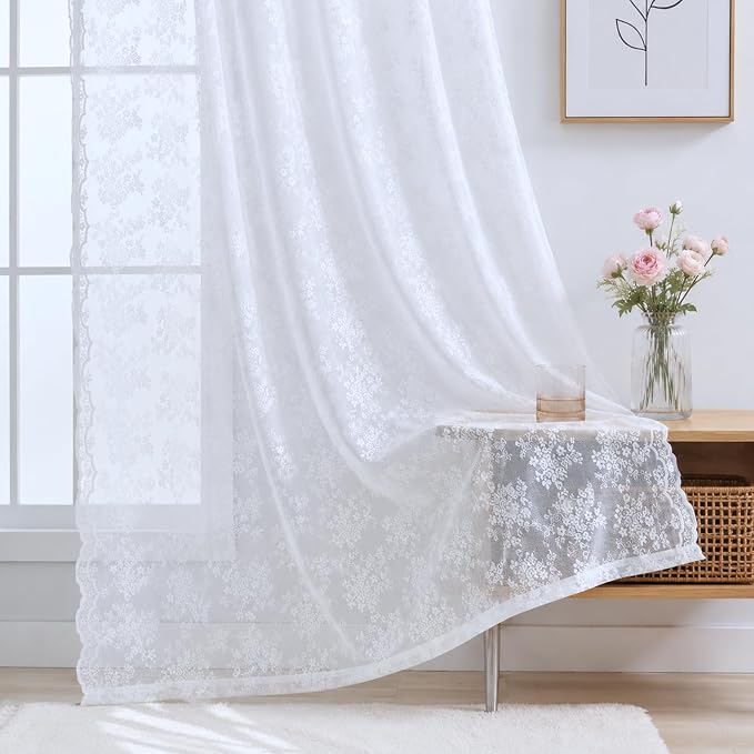 YJ YANJUN Vintage Lace Curtains 96 Inches Long Brilliant White 2 Panels | - Image 4