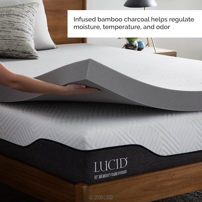 LUCID 4 Inch Bamboo Infused Memory Foam Mattress Topper - Twin Size – Cooling Ventilation – Pressure Relieving Bed Topper - Mattress Pad – CertiPur Certified
