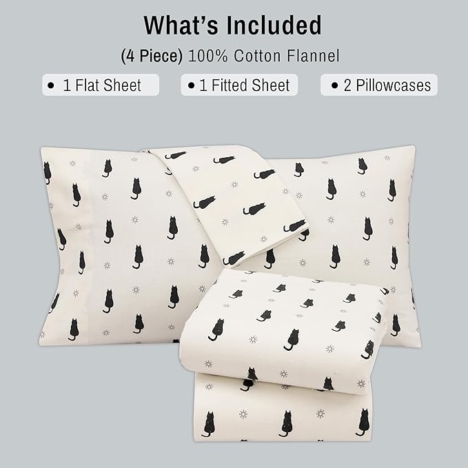 RUVANTI Flannel Sheets California King Size - 100% Cotton Brushed Cal King Bed Sheets Set - Deep Pockets 14 Inches - All Seasons Breathable & Extra Soft - Warm & Cozy, 4 Piece, Black Cat