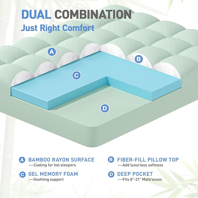 Dual Layer 3 Inch Memory Foam Mattress Topper Queen Size, 2 Inch Gel Memory Foam Plus 1 Inch Cooling Pillow Top Mattress Pad Cover, with 8-21 Inch Deep Pocket, Green