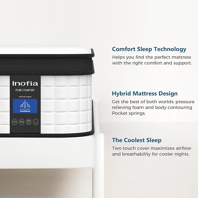 Inofia Full Mattress, 12 Inch Hybrid Innerspring Mattress Cool Bed with Breathable Soft Knitted Fabric Cover, 101 Nights Trial, Full Size Mattresses