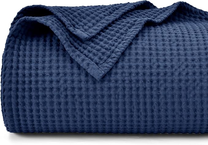 PHF 100% Cotton Waffle Weave Blanket Queen Size for Bed,Snag Proof Lightweight Breathable Throw for Couch,Great for Layering in Cold Weather,Machine Washable, Home Decor Gift-Navy Blue/Bright Blue