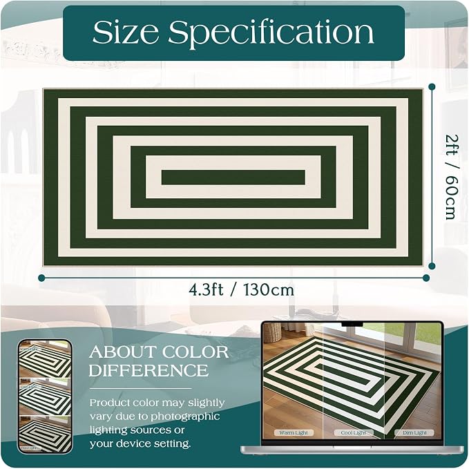 Front Door Mat Indoor Entrance 2x4.3 Modern Green White Striped Rug | Washable - Image 2