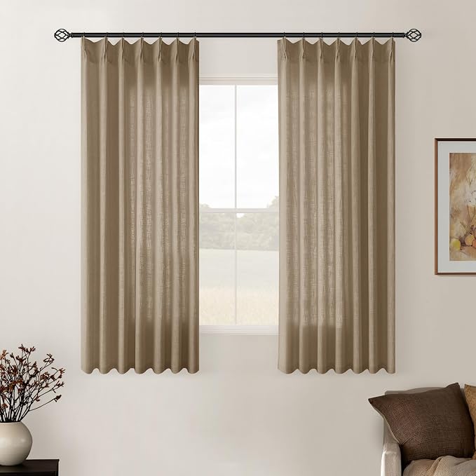 Latte Pinch Pleated Linen Semi Sheer Short Curtains 45 Inch Length 2 Panels | by Twodrapes