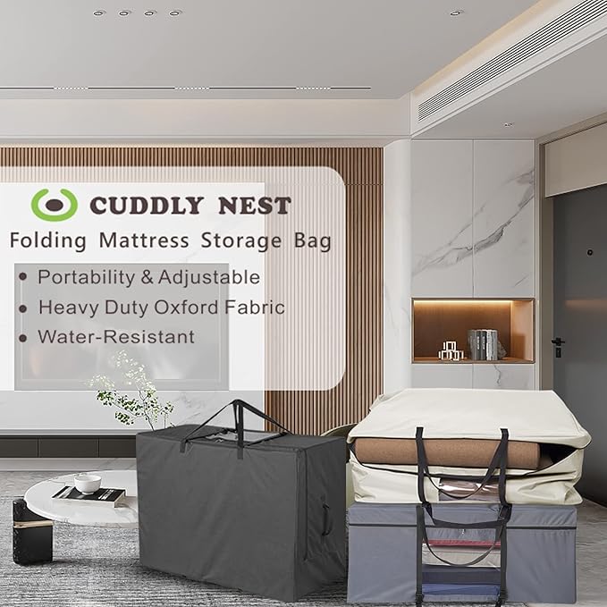 Cuddly Nest Folding Mattress Storage Bag - Heavy Duty Carry Case for Tri-Fold Guest Bed (Fits 4" Twin & Twin XL, Grey)