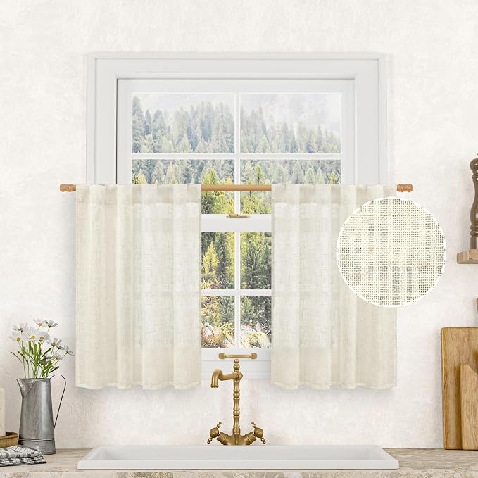 Cafe Linen Curtains for Kitchen Windows Over Sink, 34x30 Inch | Cream Ivory by LAMIT