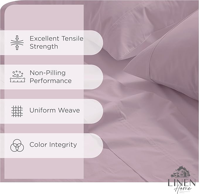 Linen Home 100% Cotton Percale Sheets Queen Size,Mauve Lavender, Deep Pocket, 4 Pieces Set - 1 Flat, 1 Deep Pocket Fitted Sheet and 2 Pillowcases, Crisp Cool and Strong Bed Linen