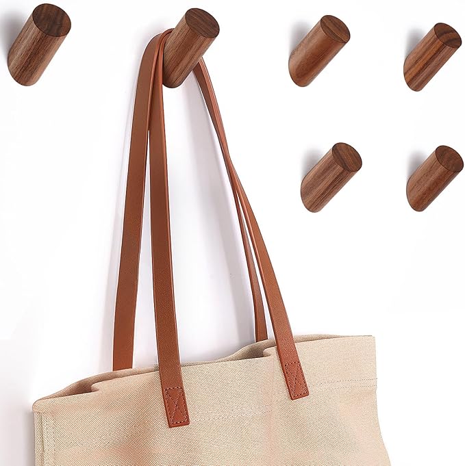 6 Pack Wood Hooks, Natural Coat Hooks Wall Mounted - Rustic Heavy Duty Wall Hooks for Hanging Towels - Entrance Hat Rack Coat Hanger (Walnut Wood)