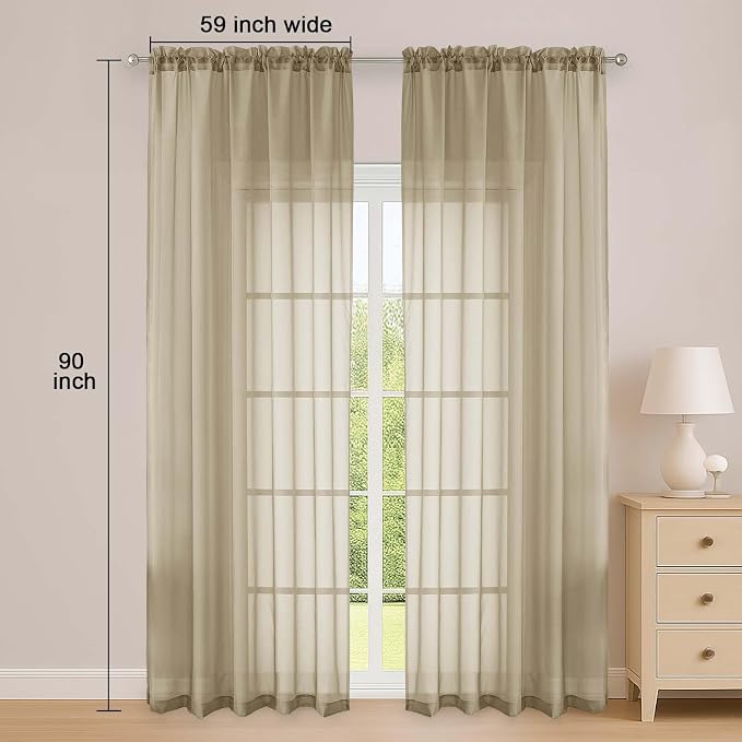Taupe Sheer Curtain 90 Inches Long 2 Panels Set, Solid Filmy Drapes - Image 2