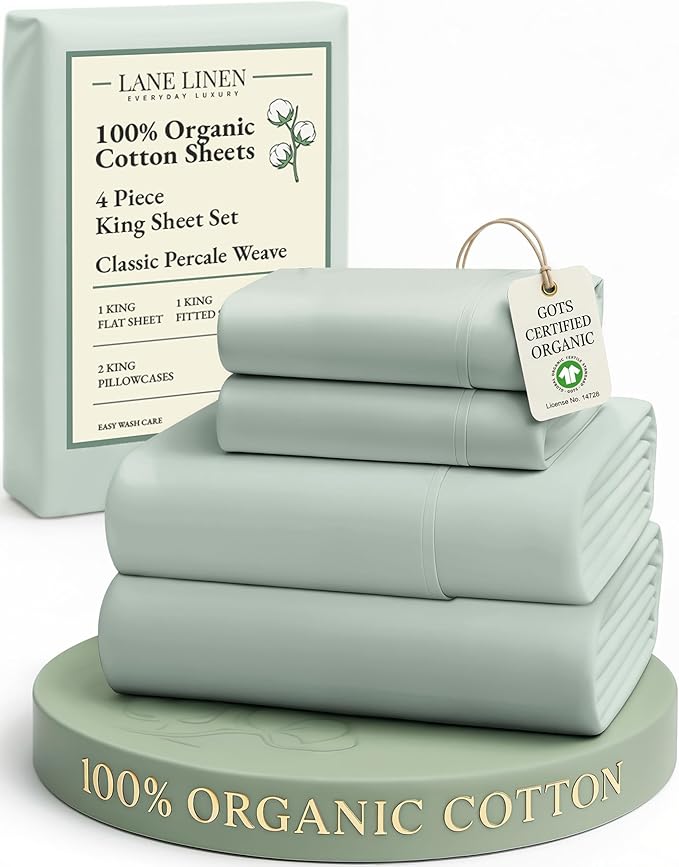 LANE LINEN 100% Organic Cotton Sheets King Size, 15" Deep Pocket Fully Elasticized Soft & Comfy Percale Bedding, Eco Friendly Naturally Temperature Regulating Cotton Sheets King- Cool Blue