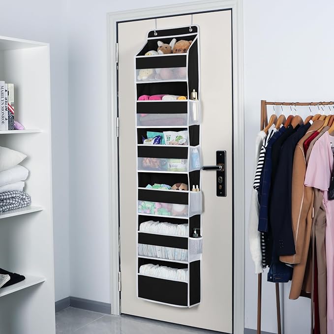 Univivi Door Hanging Organizer Nursery Closet Cabinet Baby Storage with 6 Large Compartments and 8 Side Pockets for Cosmetics, Toys and Sundries (Black)