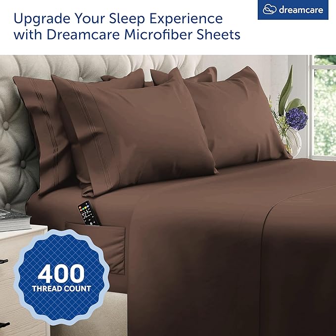 DREAMCARE Queen Sheet Set – 6 pcs Cooling Bed Sheets – up to 15” Deep Sheets Queen Size Bed Set – 2500 Supreme Collection –Extra Soft 100% Brushed Microfiber Hotel Luxury with Side Pocket –Mocha Brown