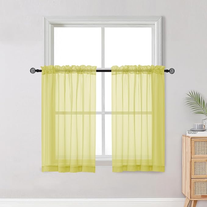 Short Lemon Sheer Curtains 36 Inch Length 2 Panels Set, Kitchen Tiers Curtains by OWENIE