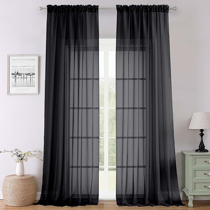 Black Sheer Curtains 108 Inches Long 2 Panels Set, Extra Wide Airy Voile Sheer by Lecloud