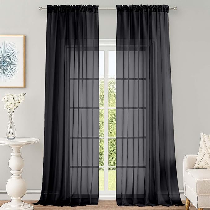 OWENIE Extra Long Black Sheer Curtains 144 inch 2 Panels Set, Translucent Backdrop Window Scarf Drapes for Canopy Bed/Wedding/Living Room/Anniversary, 12FT Length, Each 59Wx144L in, 2PCS