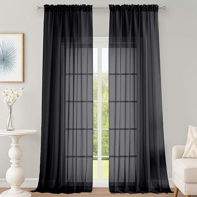 Extra Long Black Sheer Curtains 144 inch 2 Panels Set, Translucent Backdrop by OWENIE