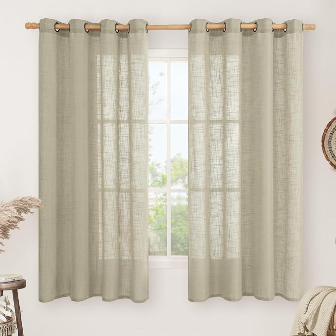 Oatmeal Linen Semi Sheer Curtains 63 Inch Length, Light Filtering Neutral Boho by LAMIT