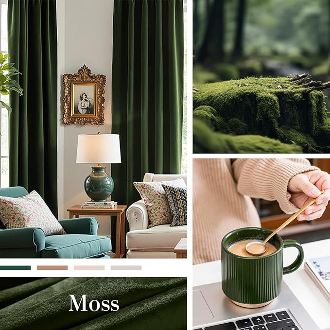 Lazzzy Velvet Blackout Curtains Thermal Insulated Room Window Drapes Super Soft Luxury Curtains for Living Room Bedroom Rod Pocket 2 Panels, Moss, 52" W x 90" L