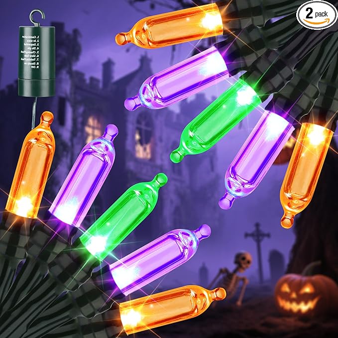 Orange & Purple & Green Halloween Lights, 2 Pack 33ft 100 LED Halloween Decoration Lights Waterproof 8 Modes Battery Operated String Light for Outdoor & Indoor,Tree, Wreaths, Holiday, Party Decor